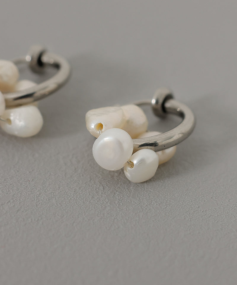 金属アレルギー対応 フープイヤリング パール石モチーフデザイン サージカルステンレス