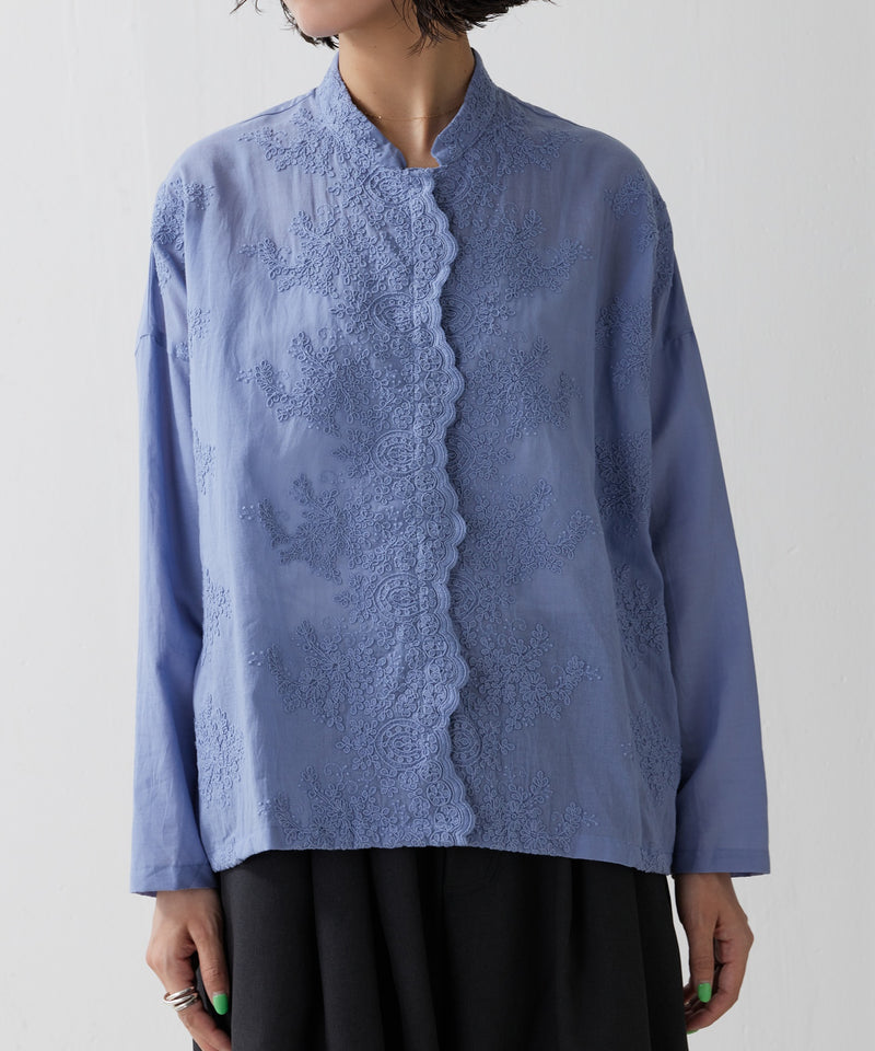 【mizuiro ind / ミズイロ インド】lace stand collar wide shirt / レーススタンドカラーワイドシャツ