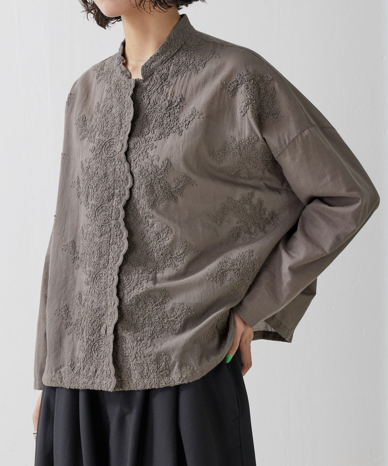 【mizuiro ind / ミズイロ インド】lace stand collar wide shirt / レーススタンドカラーワイドシャツ