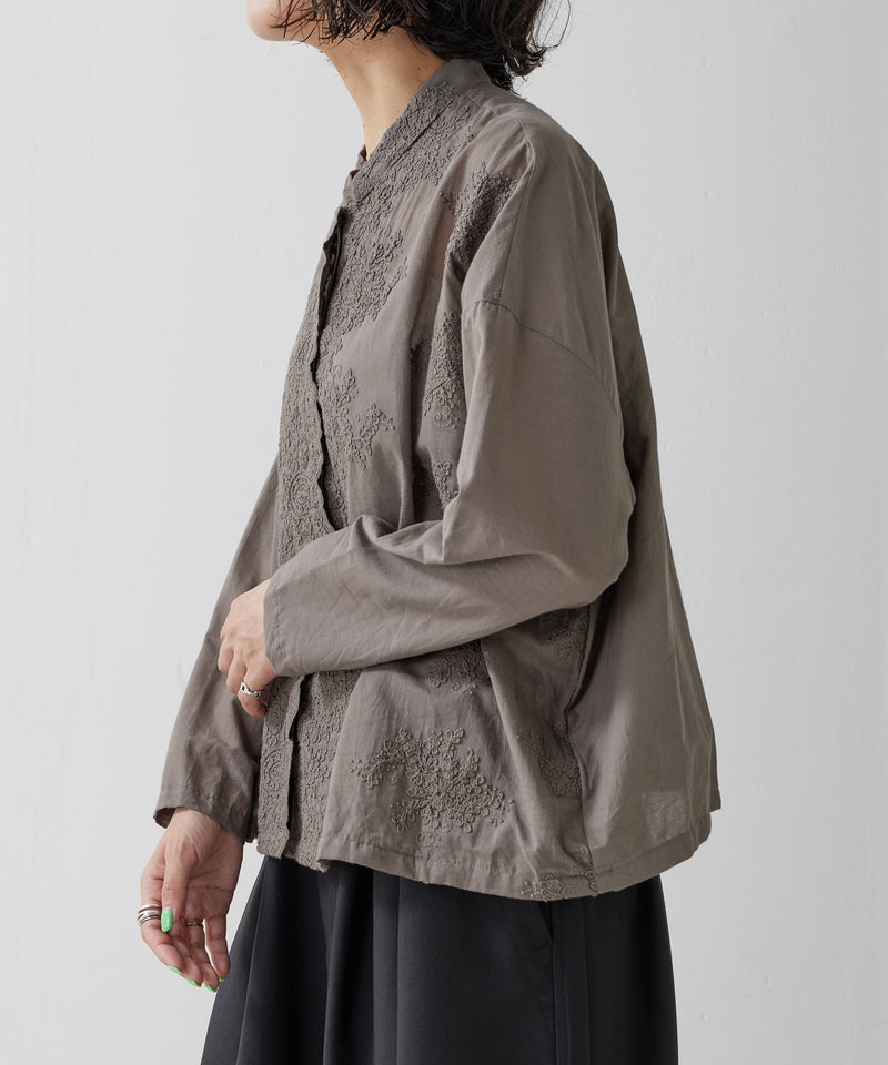 【mizuiro ind / ミズイロ インド】lace stand collar wide shirt / レーススタンドカラーワイドシャツ