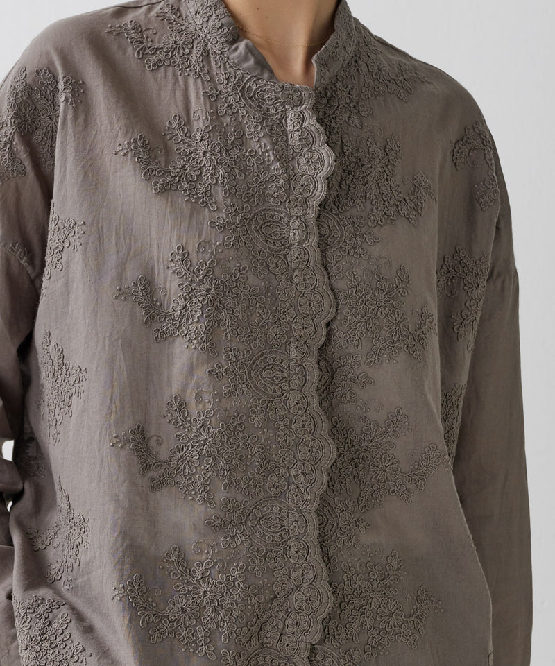 【mizuiro ind / ミズイロ インド】lace stand collar wide shirt / レーススタンドカラーワイドシャツ