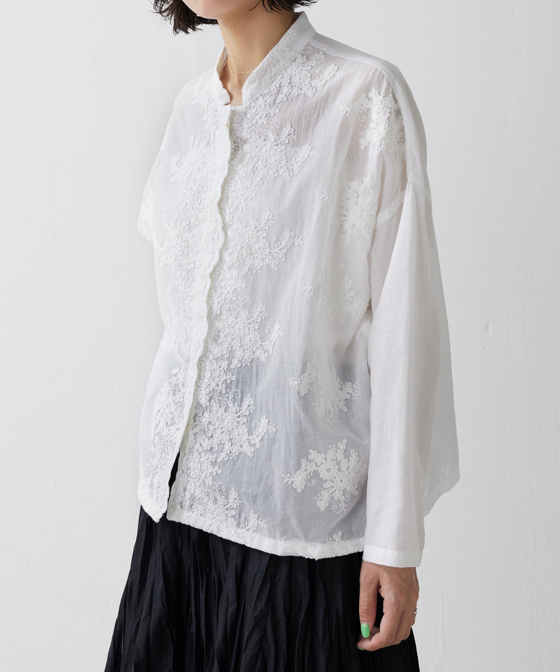 【mizuiro ind / ミズイロ インド】lace stand collar wide shirt / レーススタンドカラーワイドシャツ