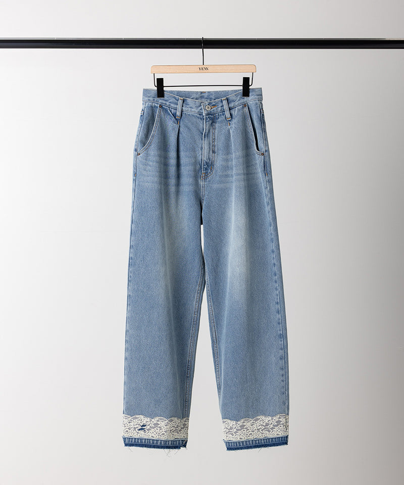 【YENN / イエン】LACE HEM TUCK DENIM / レースヘムタックデニム