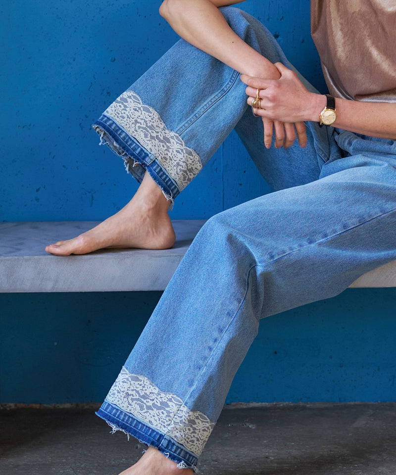 【YENN / イエン】LACE HEM TUCK DENIM / レースヘムタックデニム