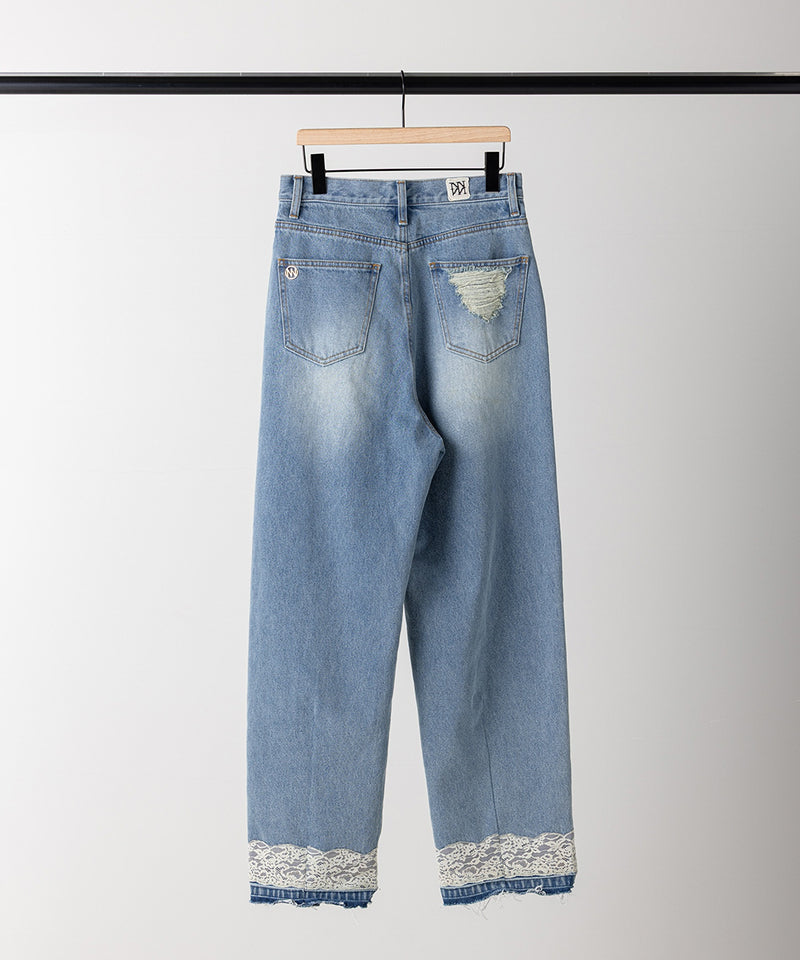【YENN / イエン】LACE HEM TUCK DENIM / レースヘムタックデニム
