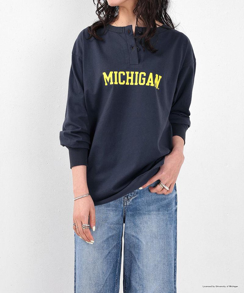 【GOOD ROCK SPEED / グッドロックスピード】UNIVERSITY OF MICHIGAN カレッジ ロゴプリント ヘンリーネック ロングスリーブ Tシャツ