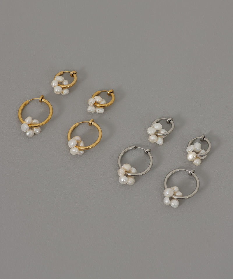 金属アレルギー対応 フープイヤリング パール石モチーフデザイン サージカルステンレス