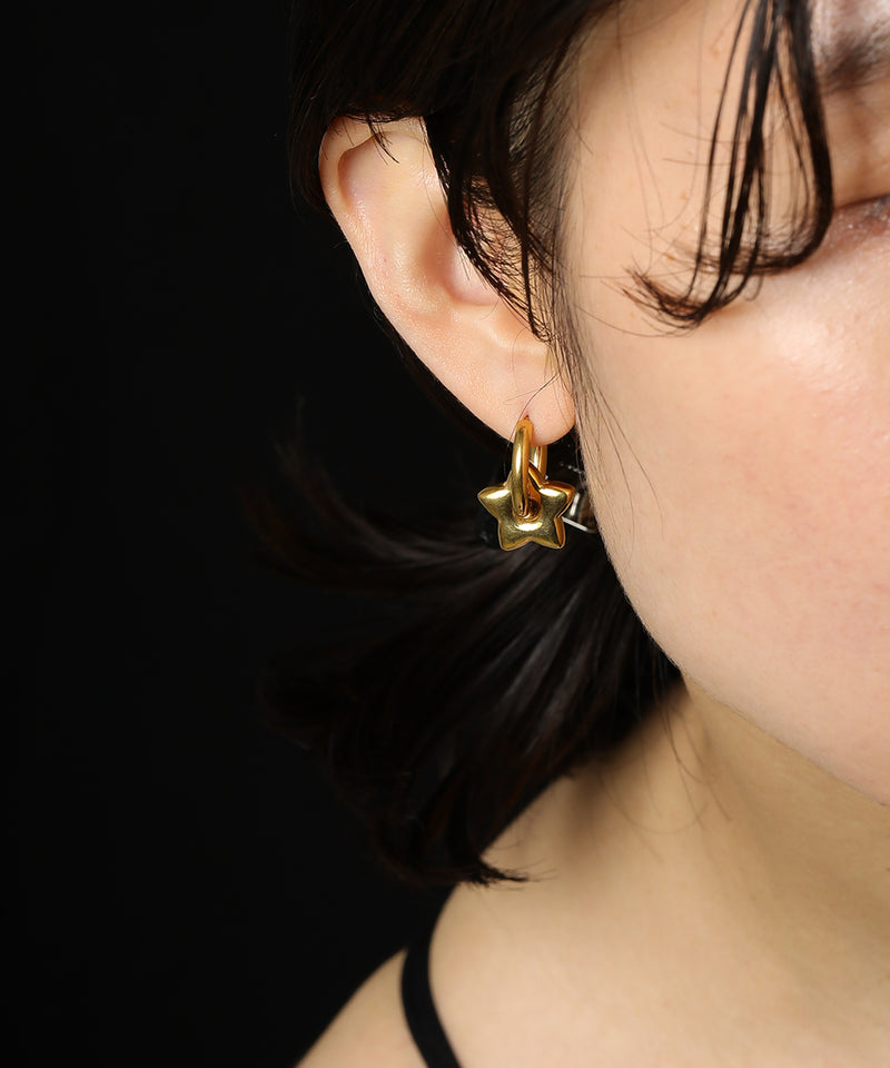 金属アレルギー対応 2way スターモチーフワンタッチフープピアス サージカルステンレス