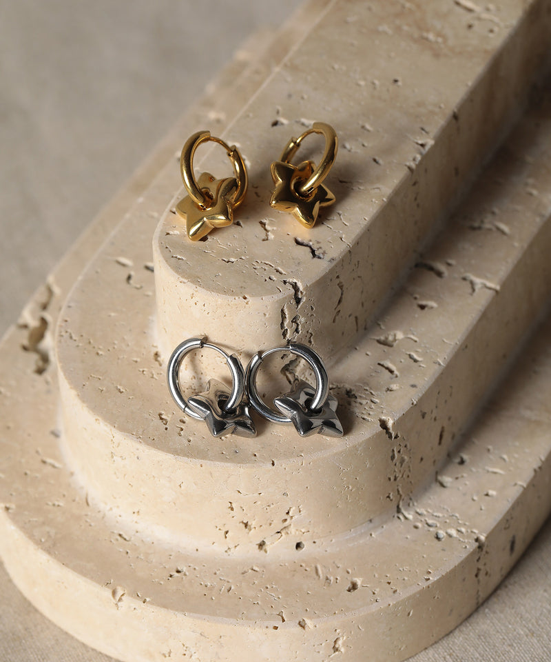 金属アレルギー対応 2way スターモチーフワンタッチフープピアス サージカルステンレス