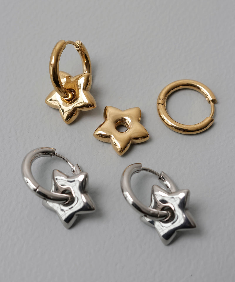 金属アレルギー対応 2way スターモチーフワンタッチフープピアス サージカルステンレス