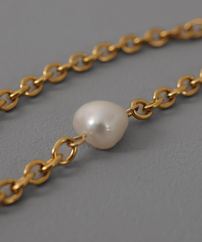 金属アレルギー対応 Fケーブルチェーン パール石モチーフ マンテルブレスレット サージカルステンレス