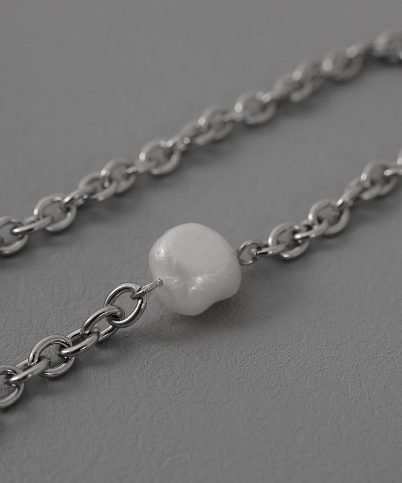 金属アレルギー対応 Fケーブルチェーン パール石モチーフ マンテルブレスレット サージカルステンレス