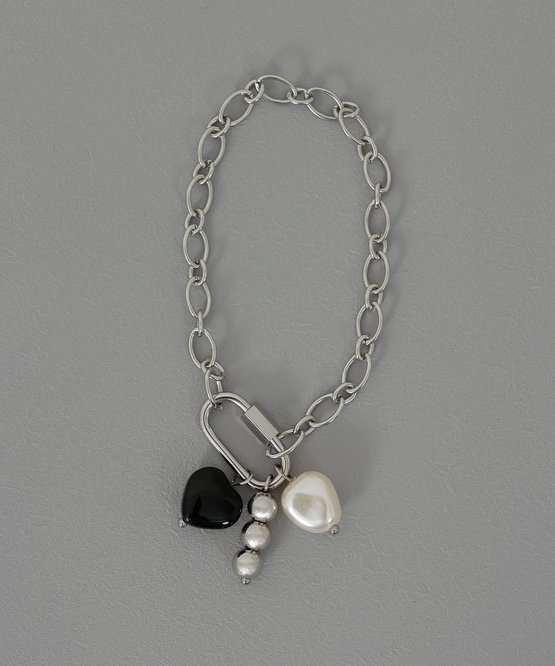 金属アレルギー対応  ハートモチーフ パール デザイン シルバーブレスレット サージカルステンレス