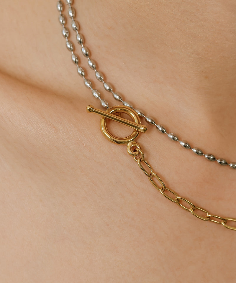 金属アレルギー対応 ニュアンスデザインロングネックレス Fケーブルチェーン ボールチェーン サージカルステンレス