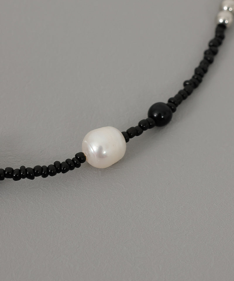 金属アレルギー対応 ビーズネックレス ニュアンスデザイン メタル パール サージカルステンレス