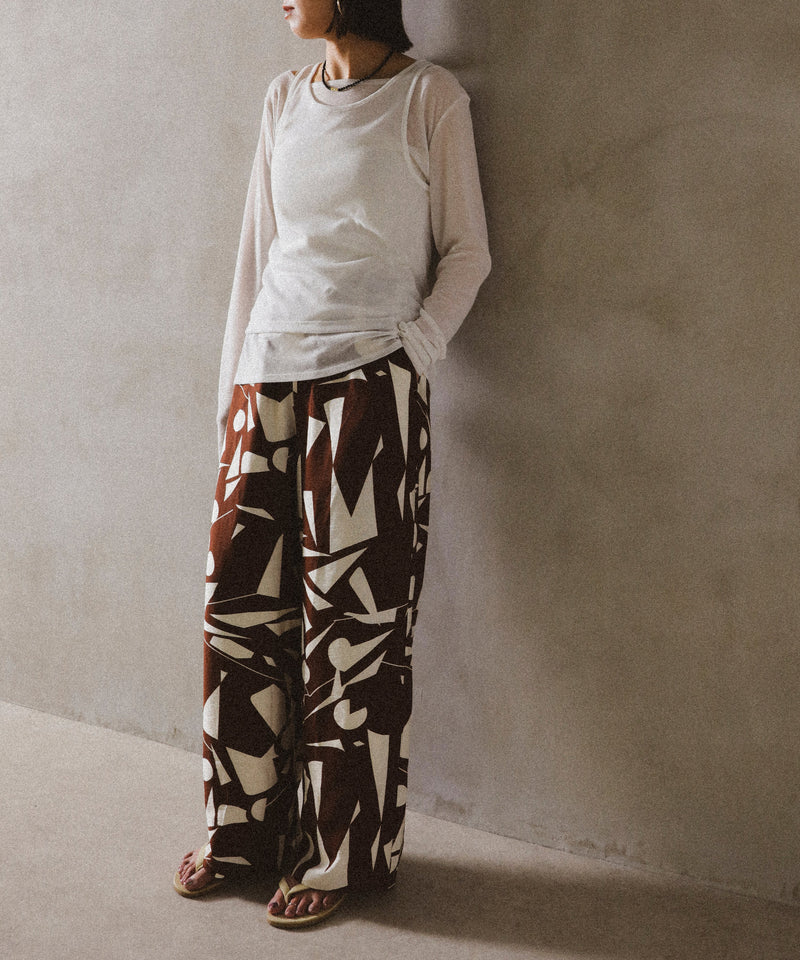 リネンタッチ 幾何学柄 イージーワイドパンツ
