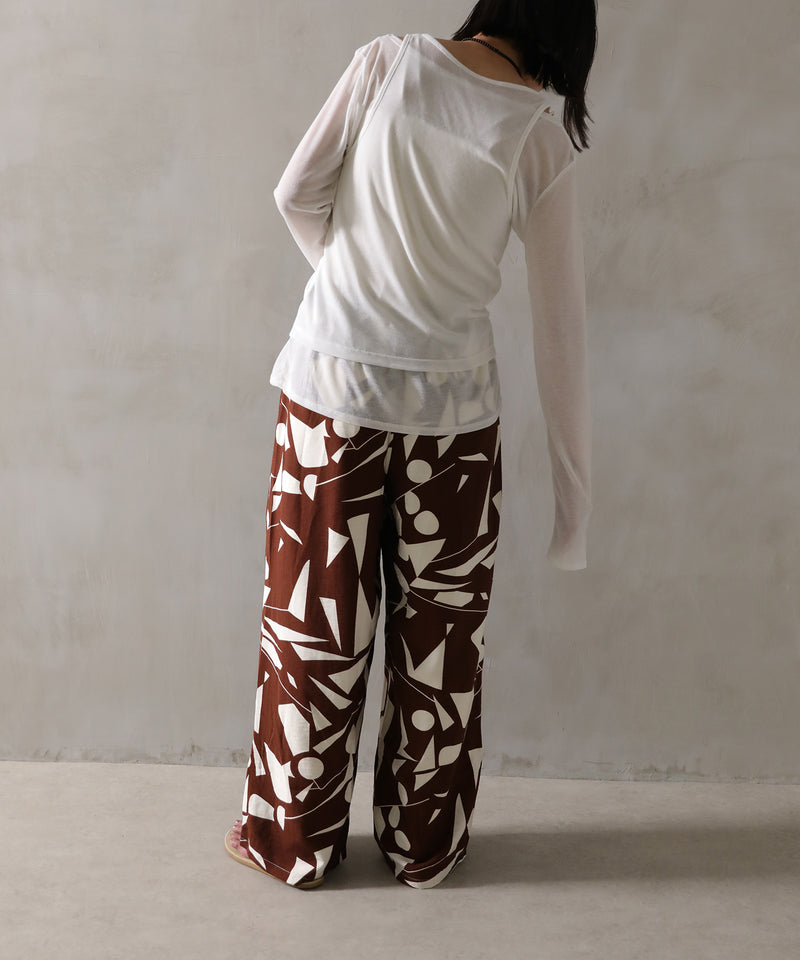 リネンタッチ 幾何学柄 イージーワイドパンツ
