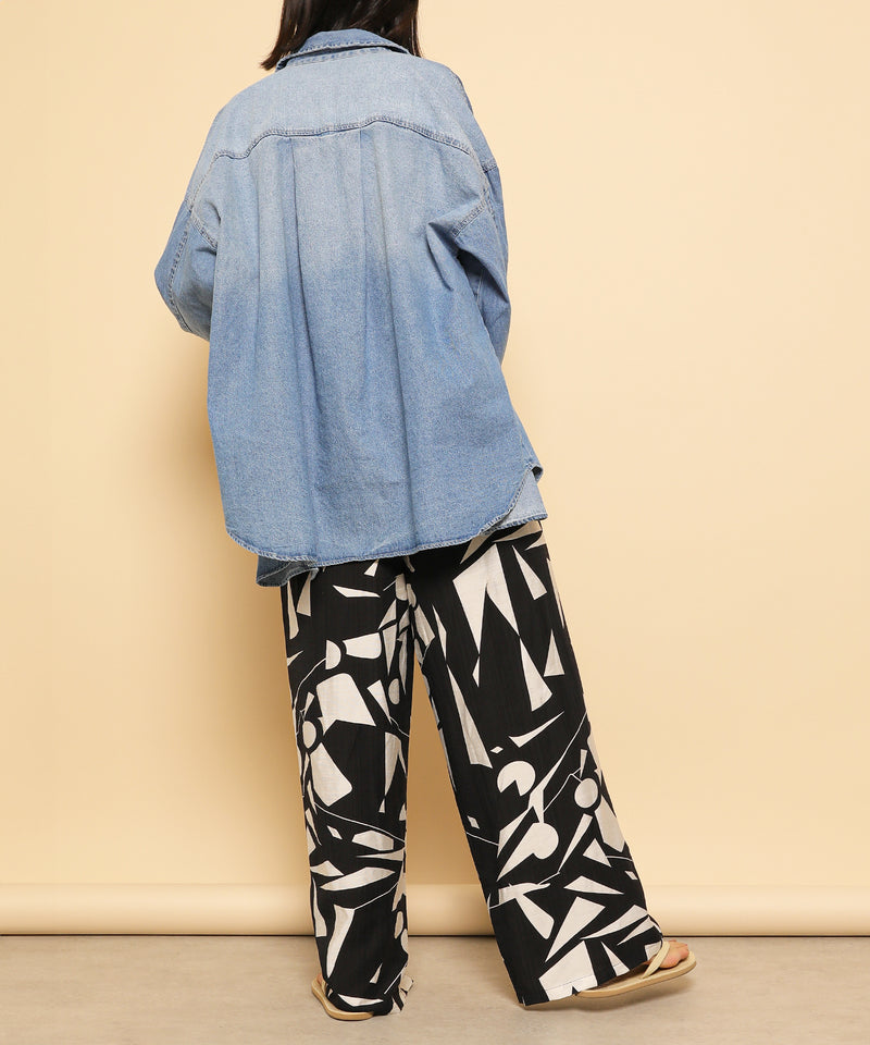 リネンタッチ 幾何学柄 イージーワイドパンツ