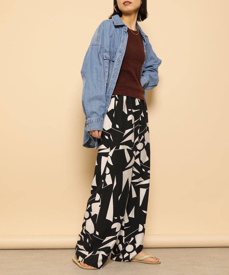 リネンタッチ 幾何学柄 イージーワイドパンツ