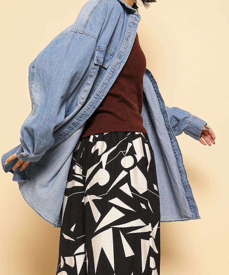 リネンタッチ 幾何学柄 イージーワイドパンツ