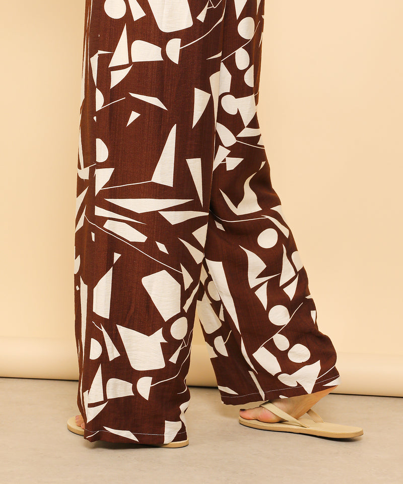 リネンタッチ 幾何学柄 イージーワイドパンツ