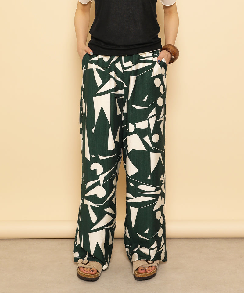 リネンタッチ 幾何学柄 イージーワイドパンツ
