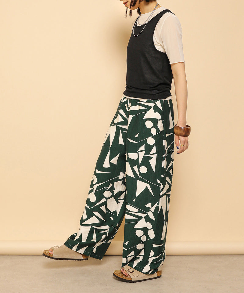 リネンタッチ 幾何学柄 イージーワイドパンツ
