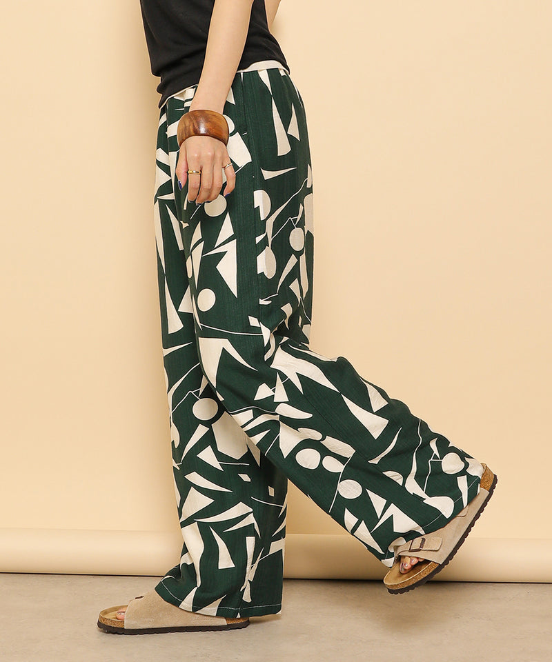 リネンタッチ 幾何学柄 イージーワイドパンツ