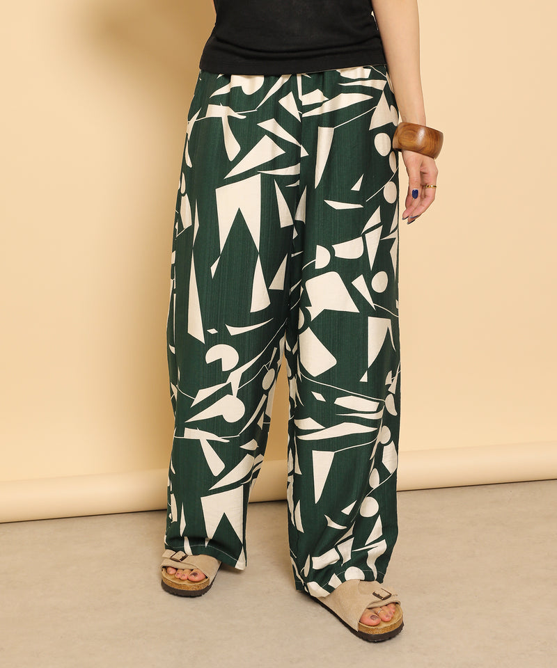 リネンタッチ 幾何学柄 イージーワイドパンツ