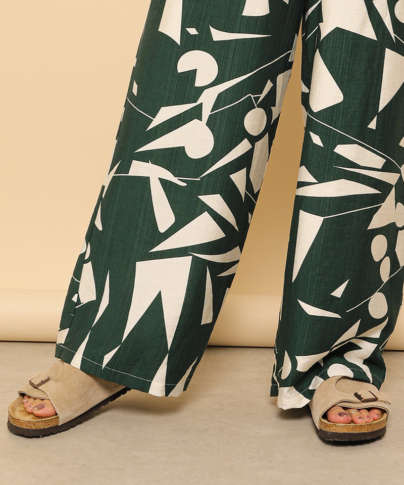 リネンタッチ 幾何学柄 イージーワイドパンツ