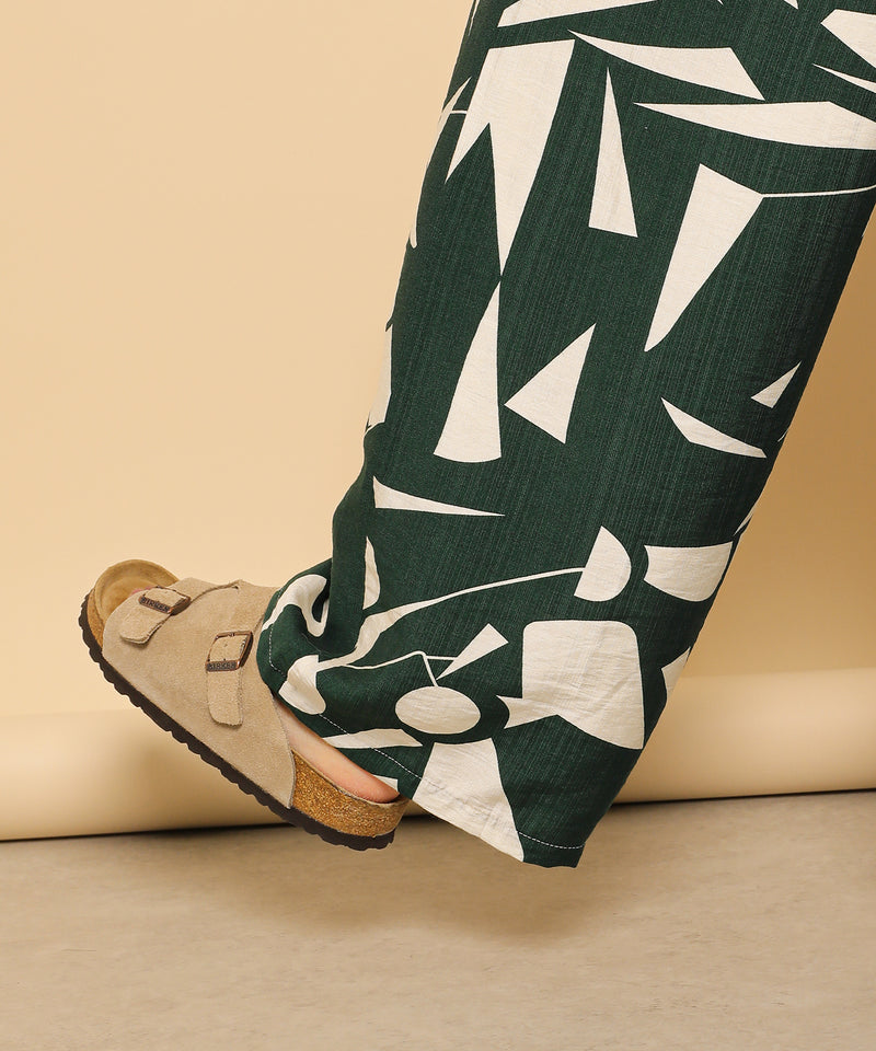 リネンタッチ 幾何学柄 イージーワイドパンツ