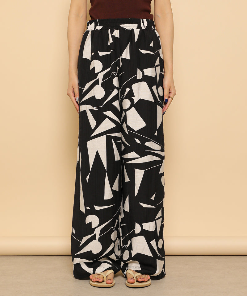 リネンタッチ 幾何学柄 イージーワイドパンツ