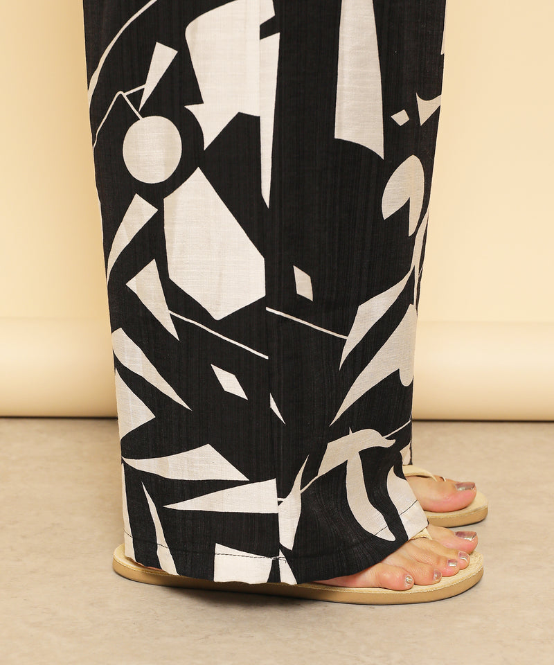 リネンタッチ 幾何学柄 イージーワイドパンツ