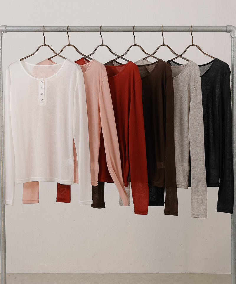 シアー リブ ヘンリーネック トップス