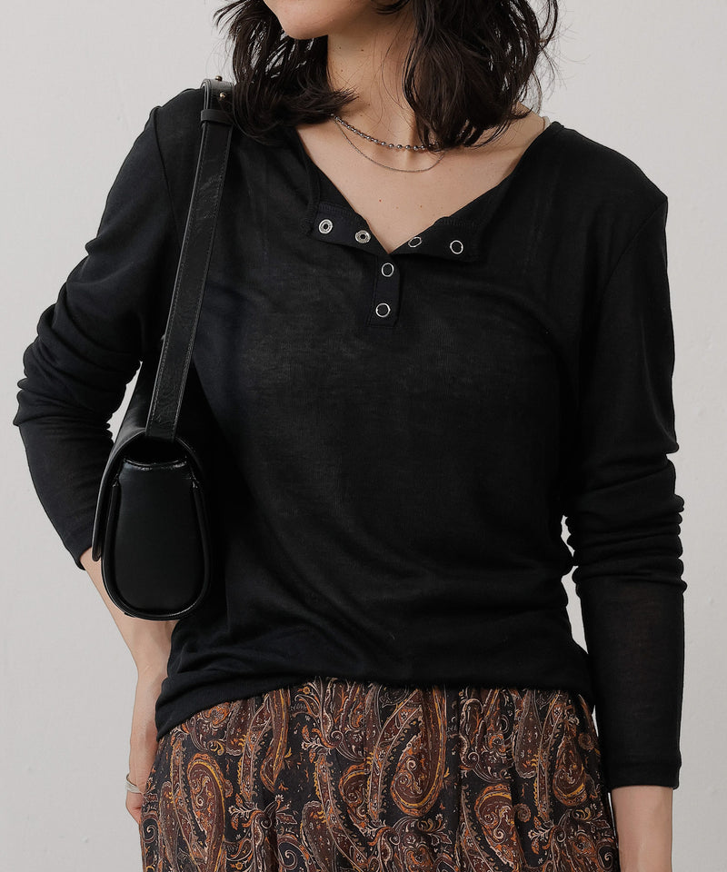 シアー リブ ヘンリーネック トップス