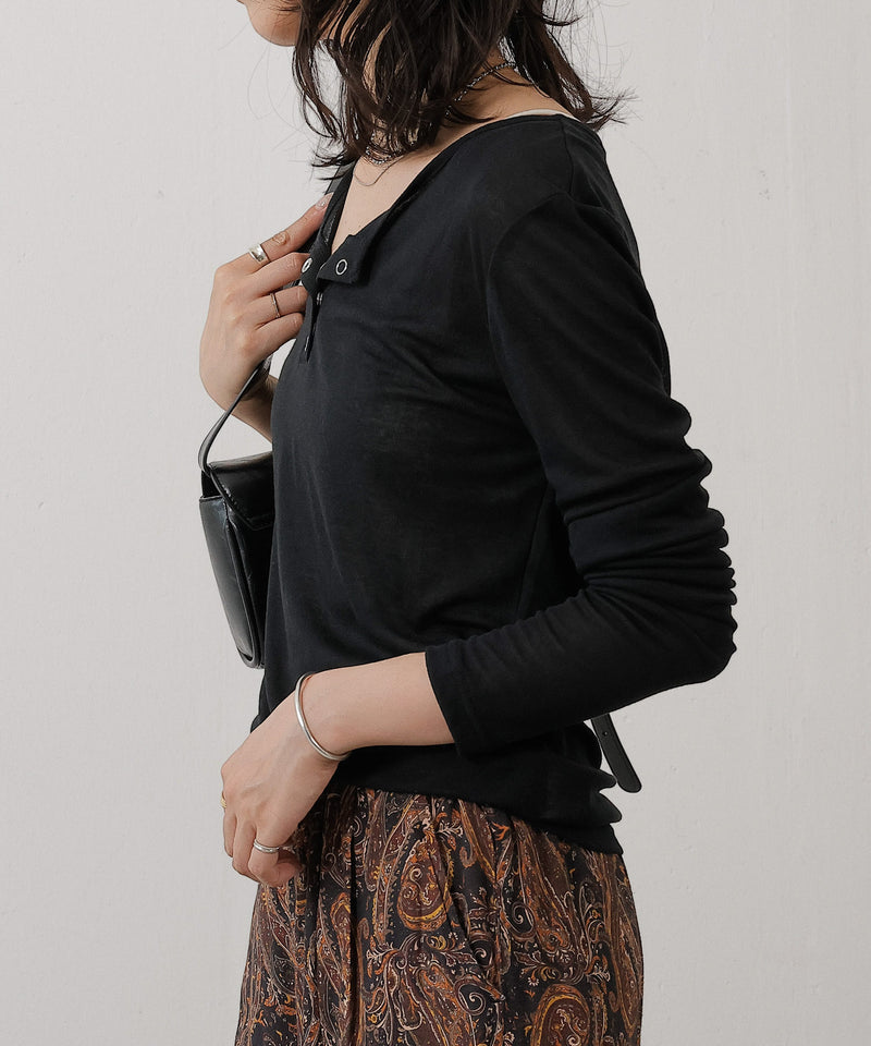 シアー リブ ヘンリーネック トップス