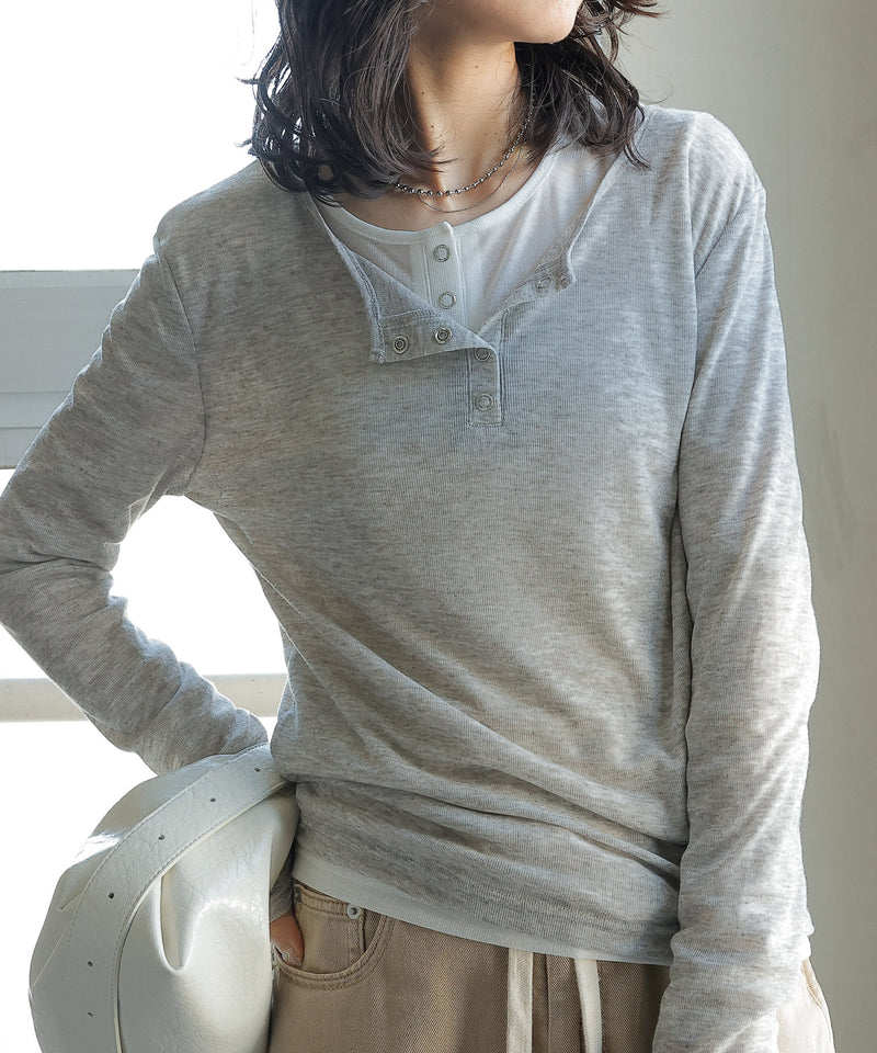 シアー リブ ヘンリーネック トップス