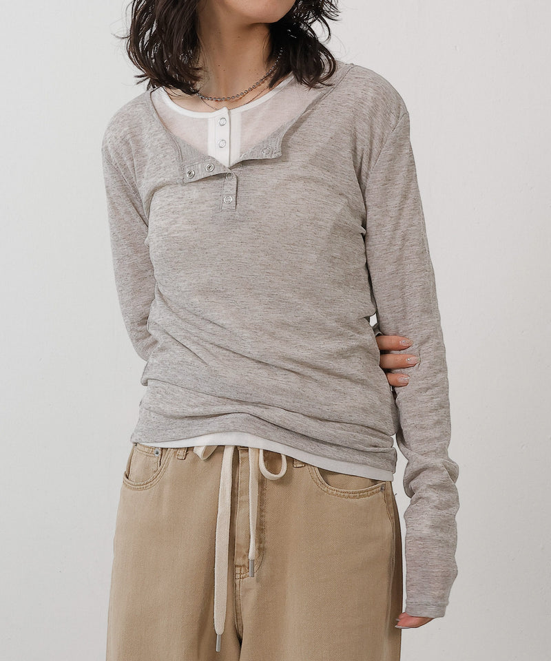シアー リブ ヘンリーネック トップス