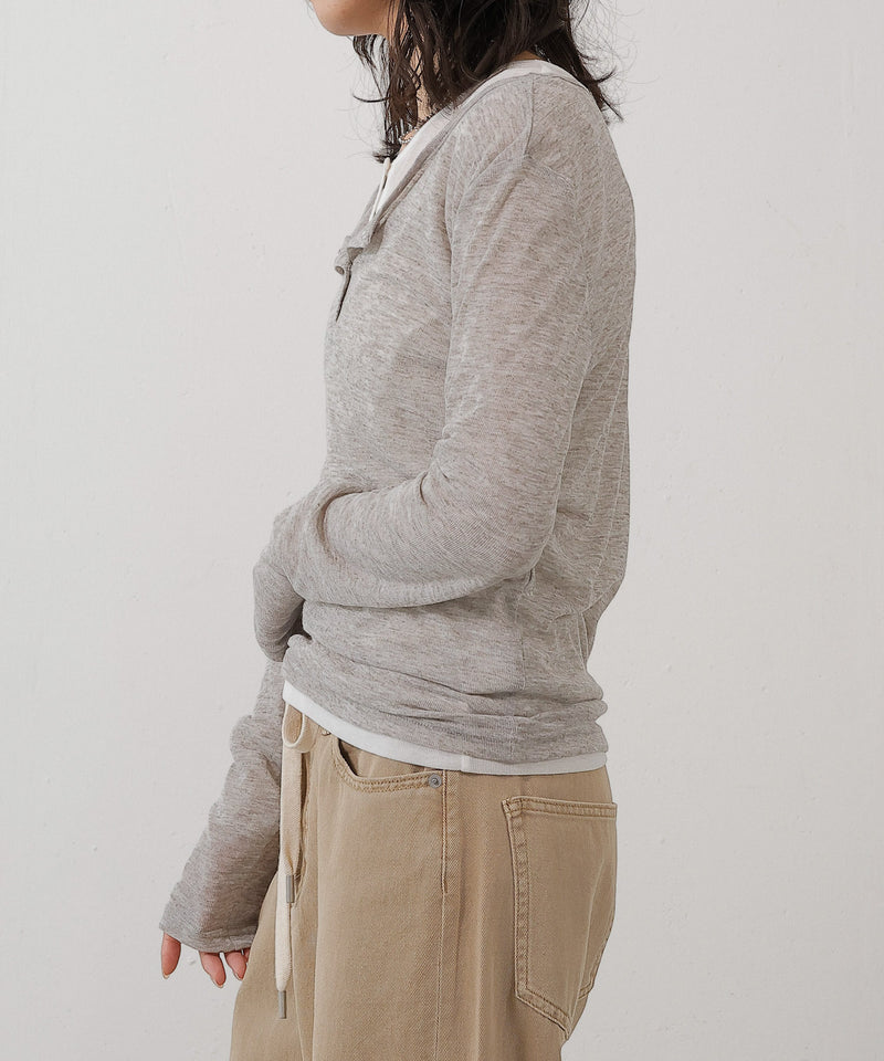 シアー リブ ヘンリーネック トップス