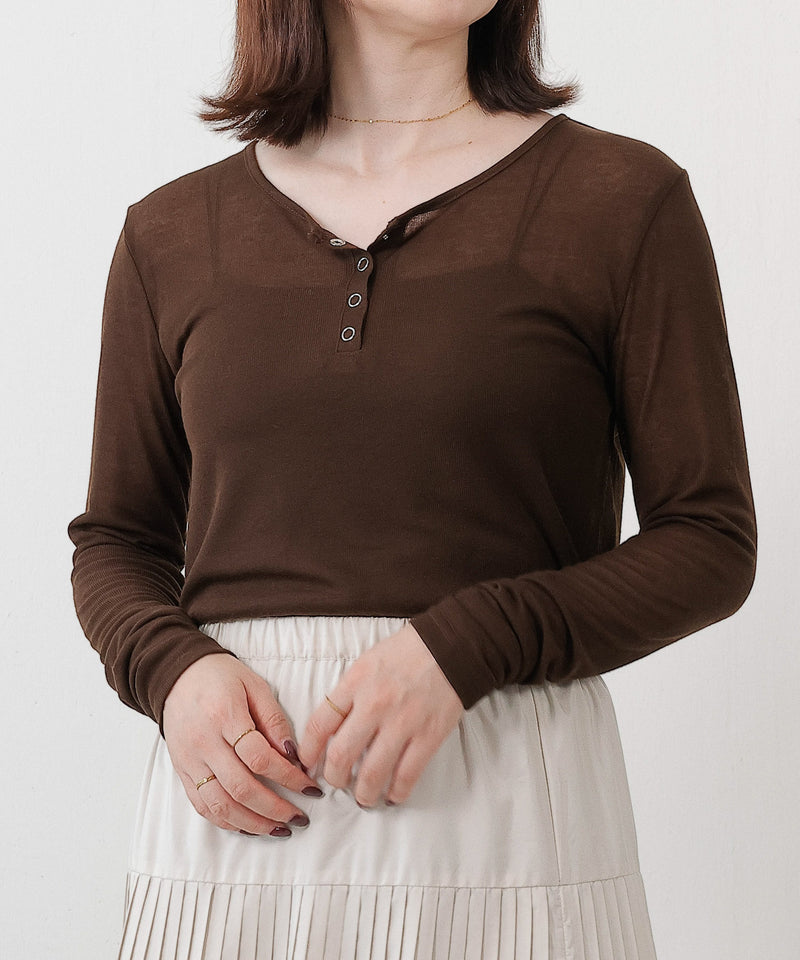 シアー リブ ヘンリーネック トップス