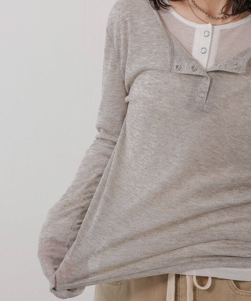 シアー リブ ヘンリーネック トップス