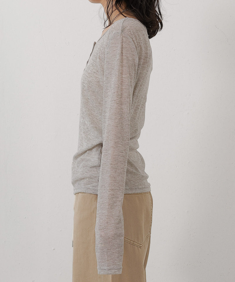 シアー リブ ヘンリーネック トップス