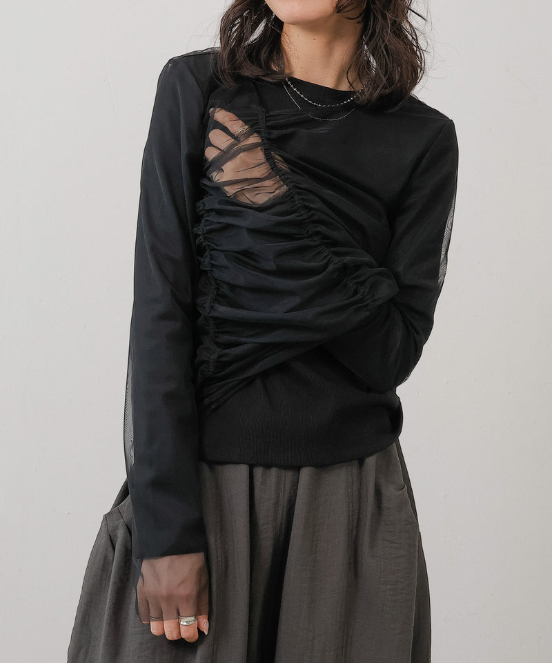 2枚セット チュールシャーリングデザイントップス リブトップス レイヤード