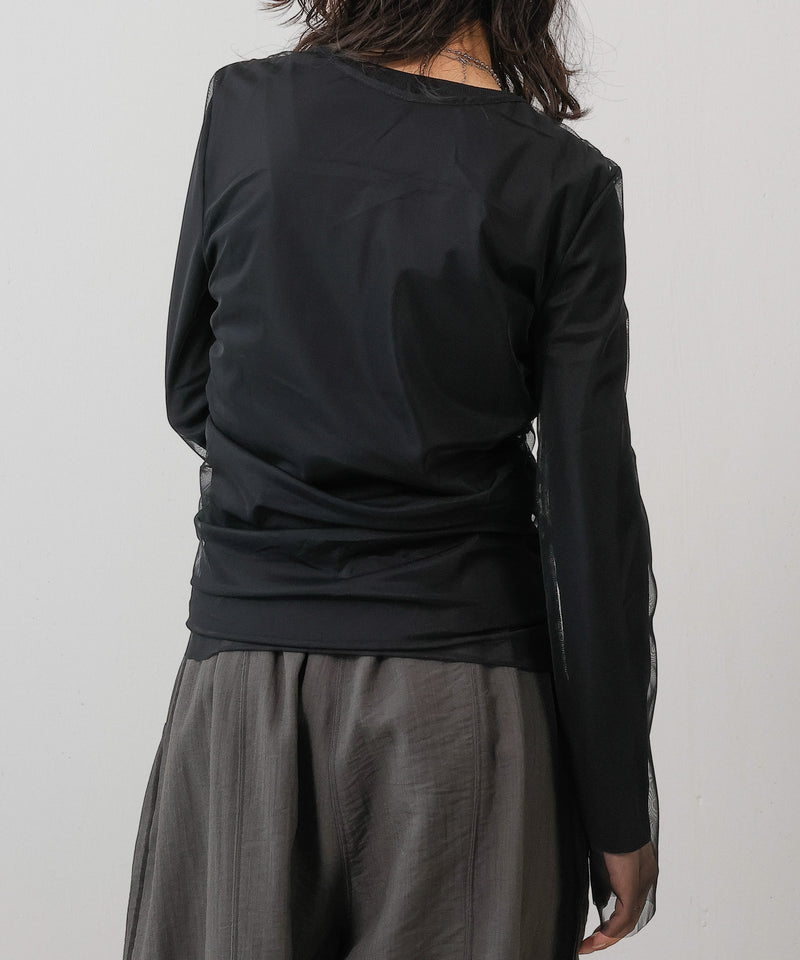 2枚セット チュールシャーリングデザイントップス リブトップス レイヤード