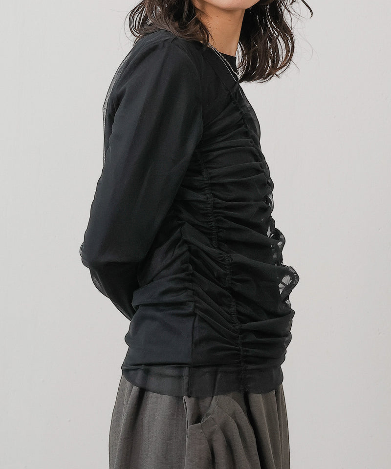 2枚セット チュールシャーリングデザイントップス リブトップス レイヤード