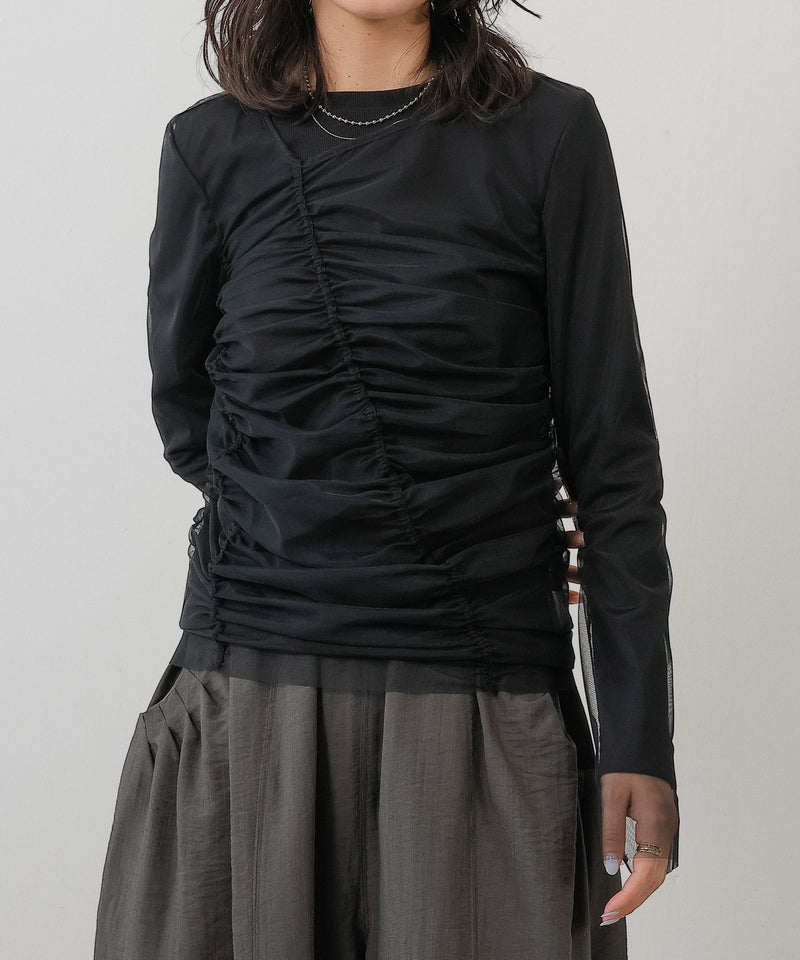 2枚セット チュールシャーリングデザイントップス リブトップス レイヤード