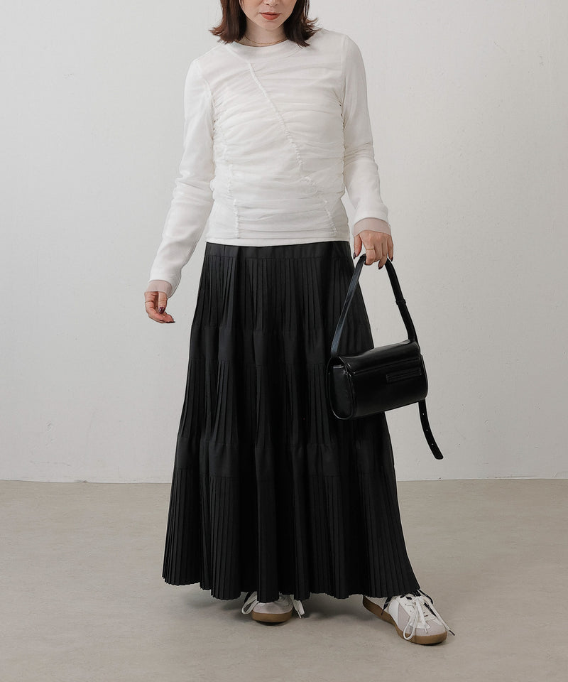 2枚セット チュールシャーリングデザイントップス リブトップス レイヤード