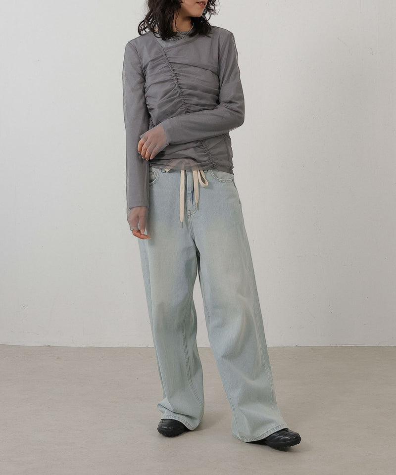 2枚セット チュールシャーリングデザイントップス リブトップス レイヤード