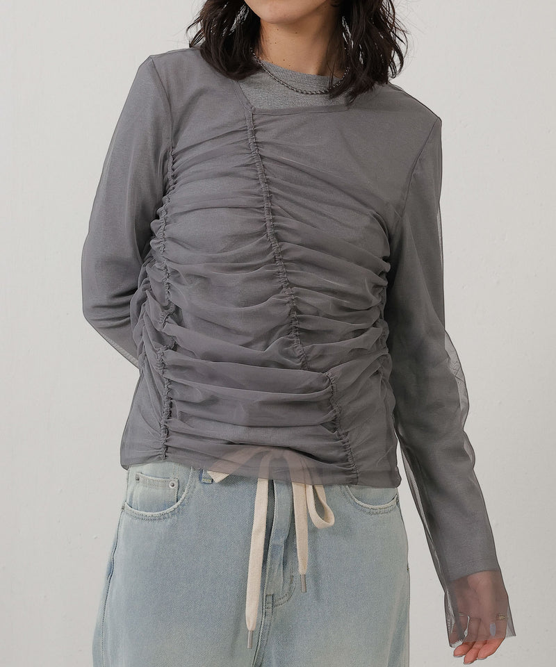 2枚セット チュールシャーリングデザイントップス リブトップス レイヤード