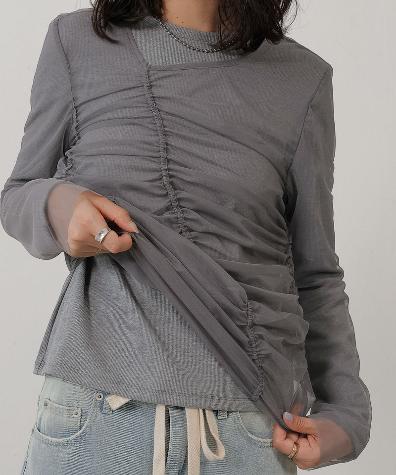 2枚セット チュールシャーリングデザイントップス リブトップス レイヤード